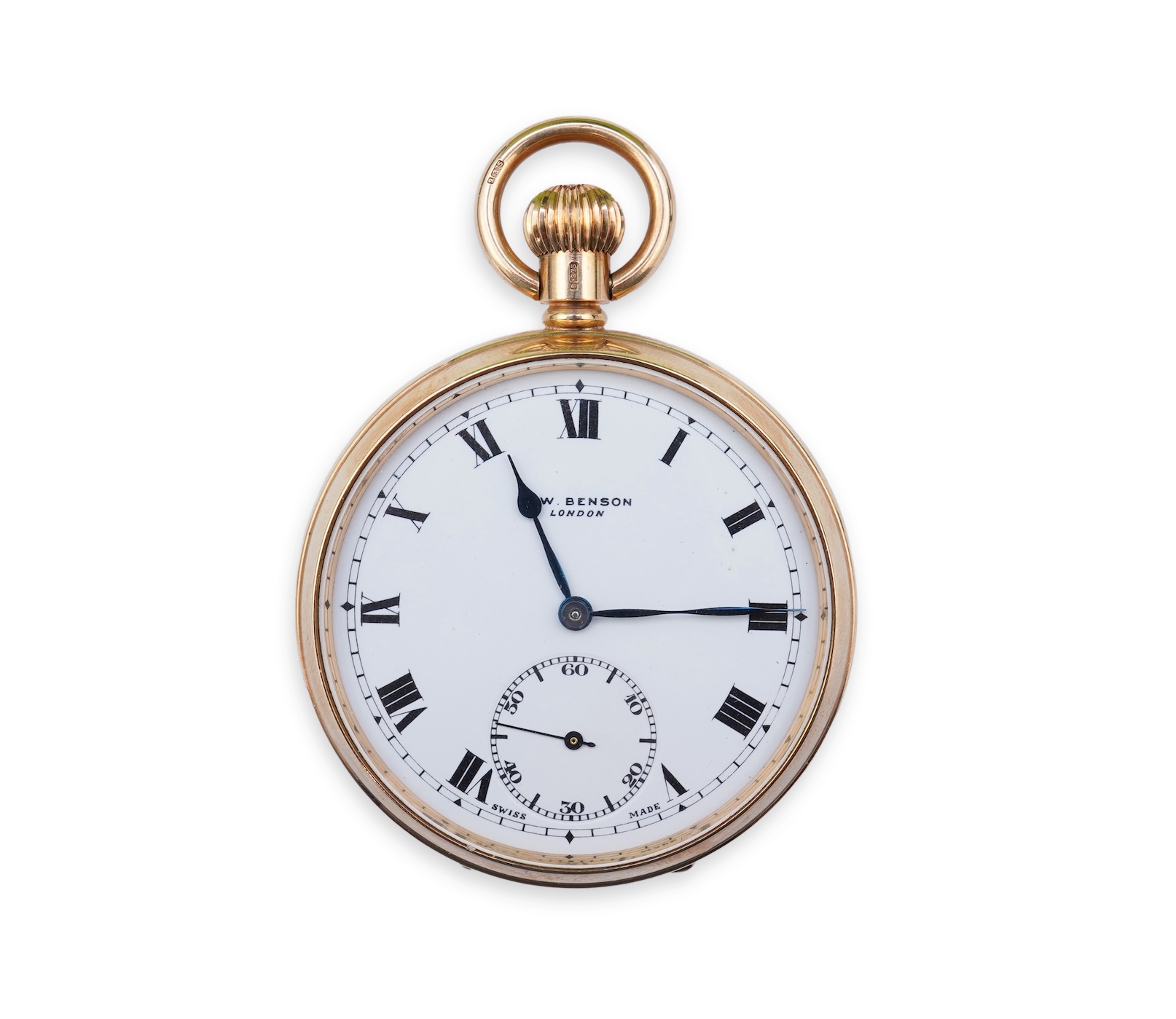 A George V 9ct gold J. W. Benson open faced keyless pocket watch